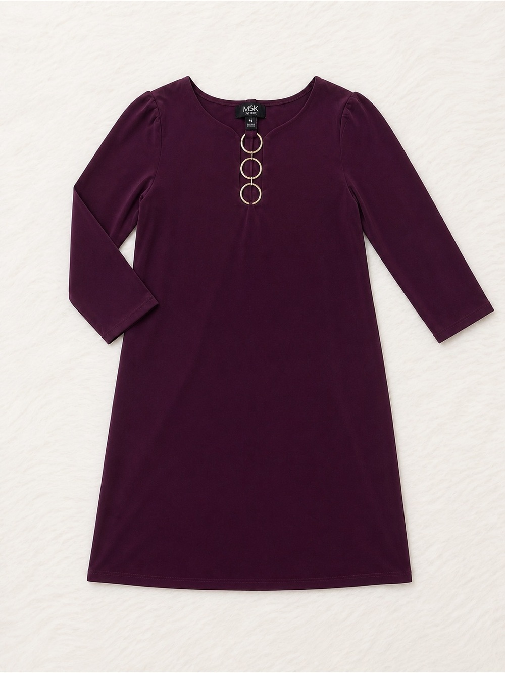 MSK Petite Burgundy Shift Dress PS Gold Ring Detail Cocktail Career Chic Dress